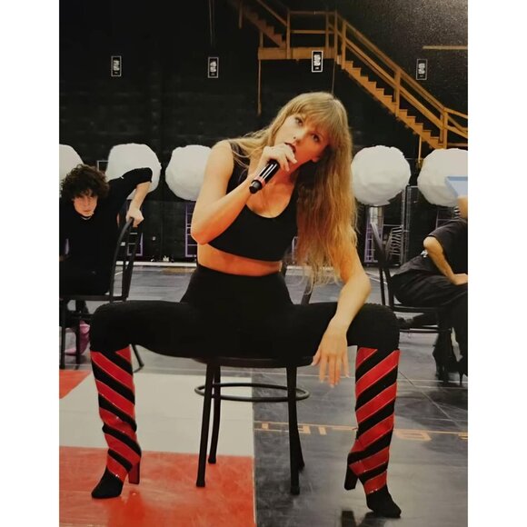 Christian Louboutin Gael Knee High Boot Size 39.5 US 9.5 Black Red Stripe Strass - Picture 2 of 15